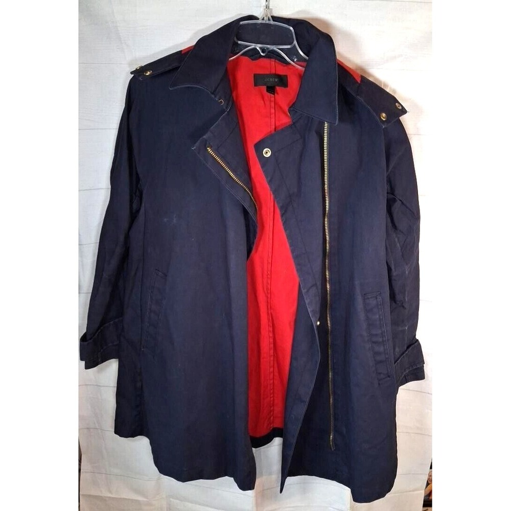 J.Crew Classic Hooded Raincoat Women M Navy w/Red Lining Snap/Zip Front Pockets